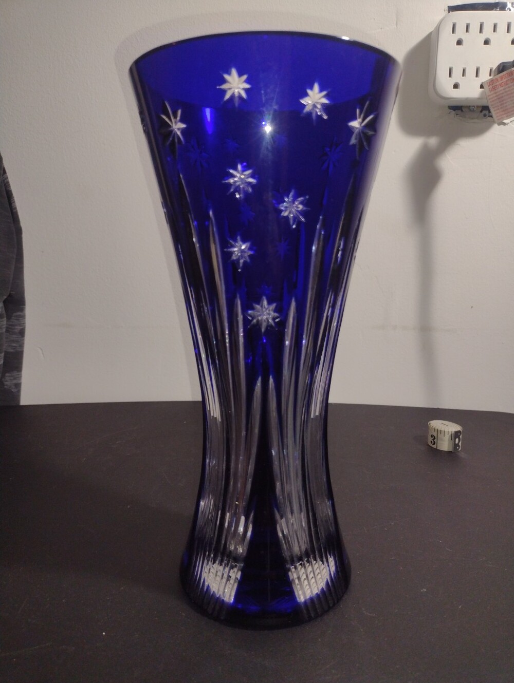 Cobalt Blue Cut Glass Starburst Vase - Decorative Home Art